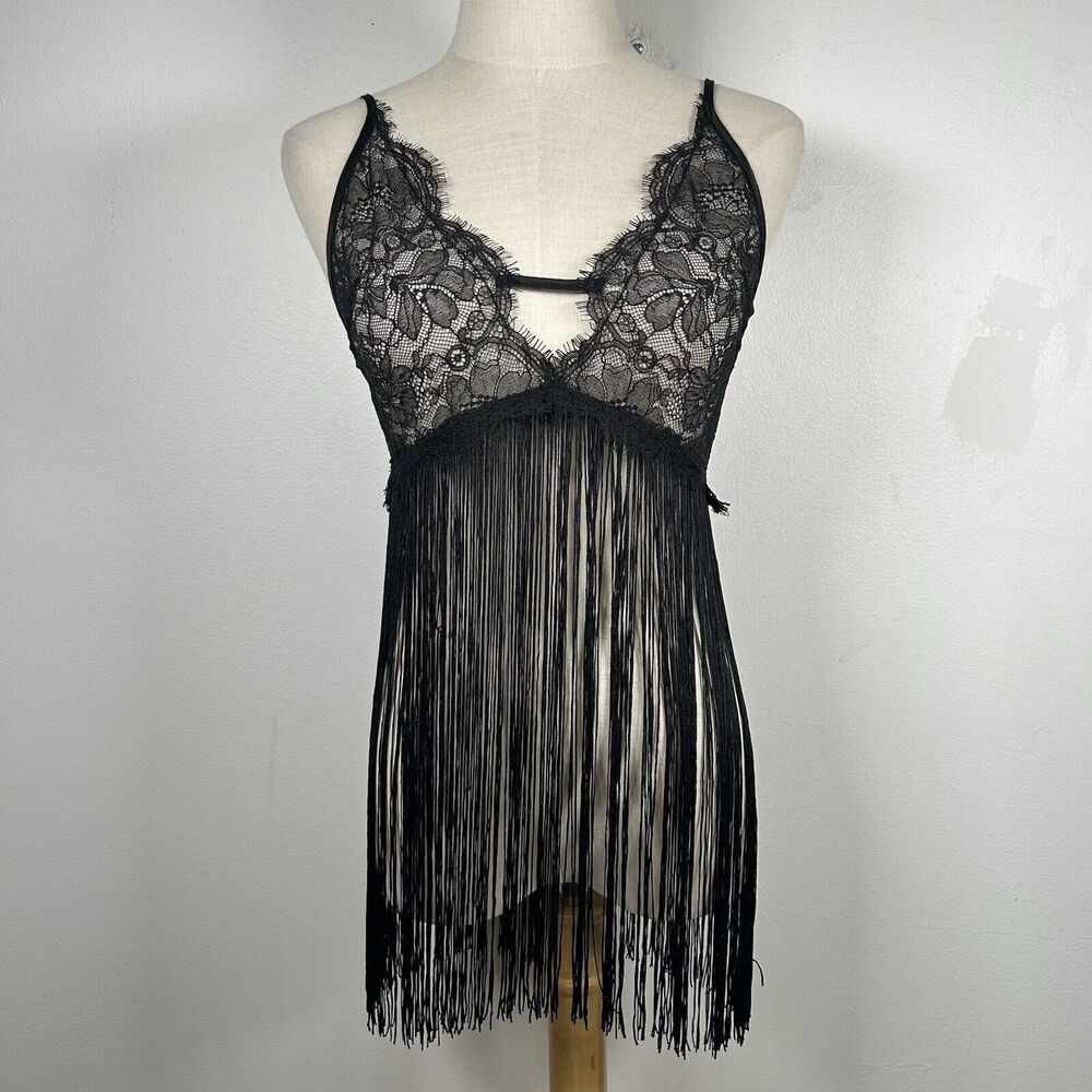 Victoria's Secret LACE BABYDOLL SLIP Fringe Black Women's Size Medium M Festival